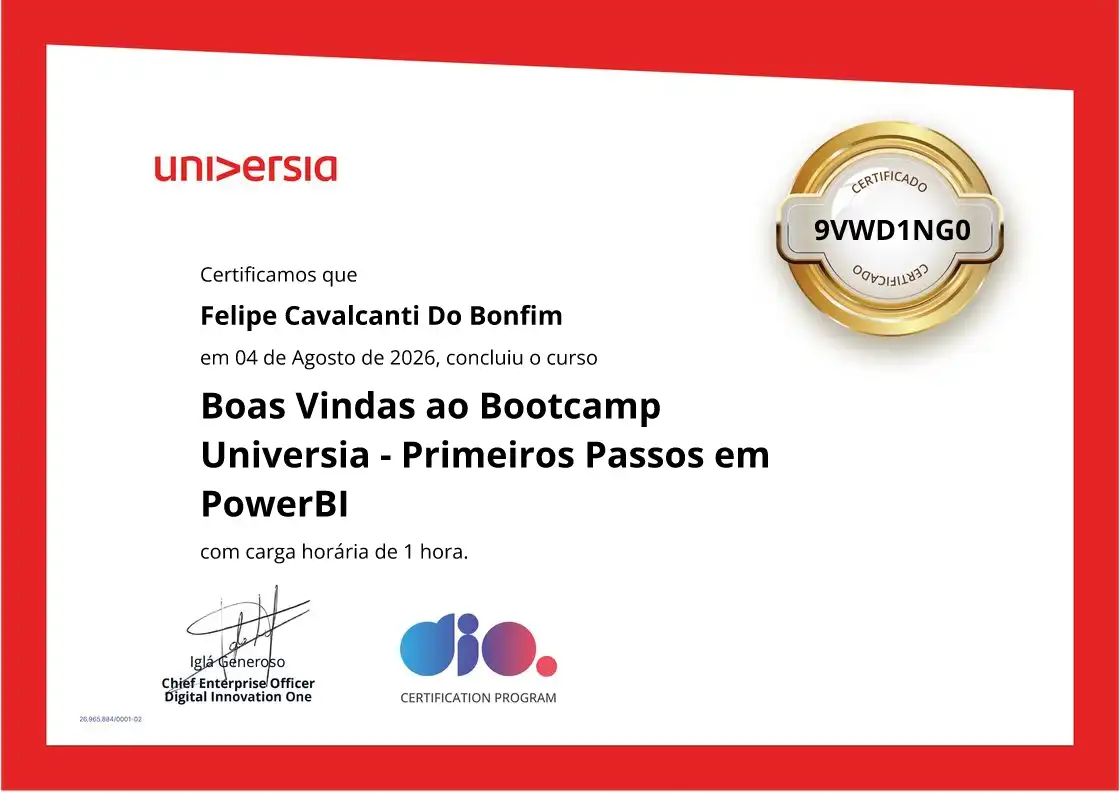 certificate of Boas Vindas ao Bootcamp Universia - Primeiros Passos em PowerBI