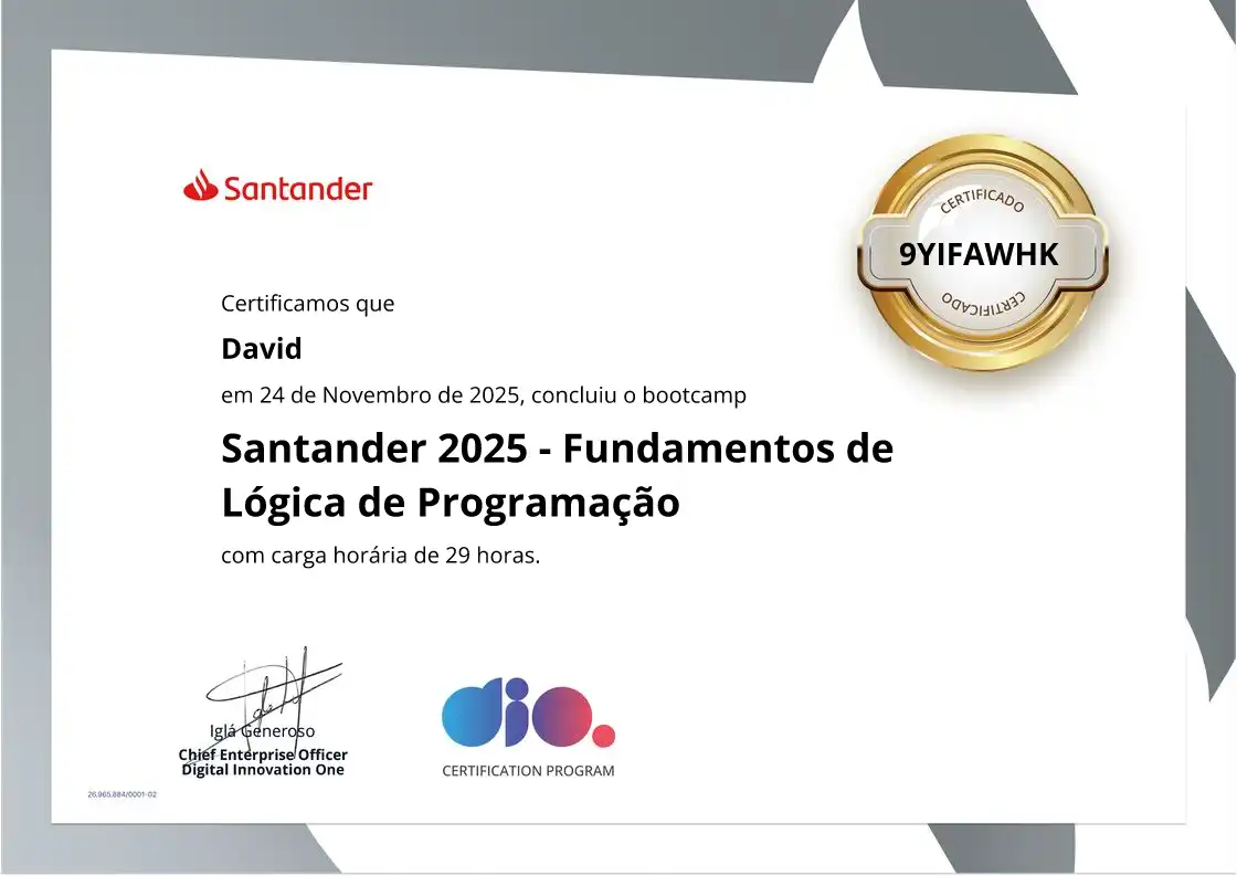 certificate of Santander 2025 - Fundamentos de Lógica de Programação