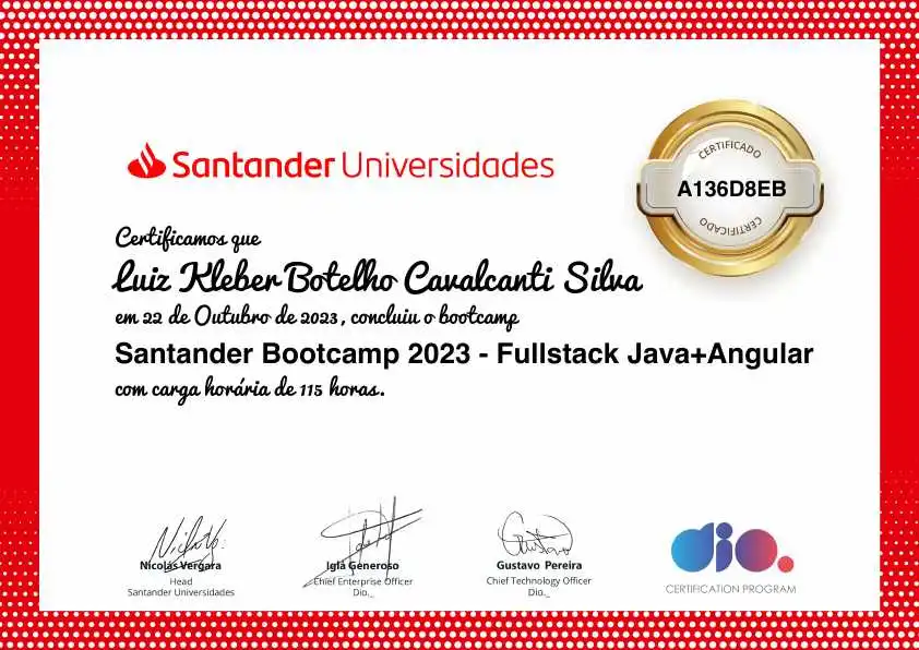 certificate of Santander Bootcamp 2023 - Fullstack Java+Angular