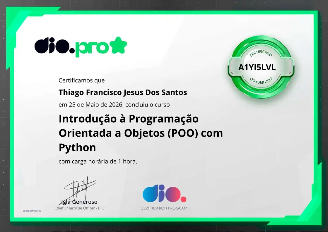 certificate of Introdução à Programação Orientada a Objetos (POO) com Python