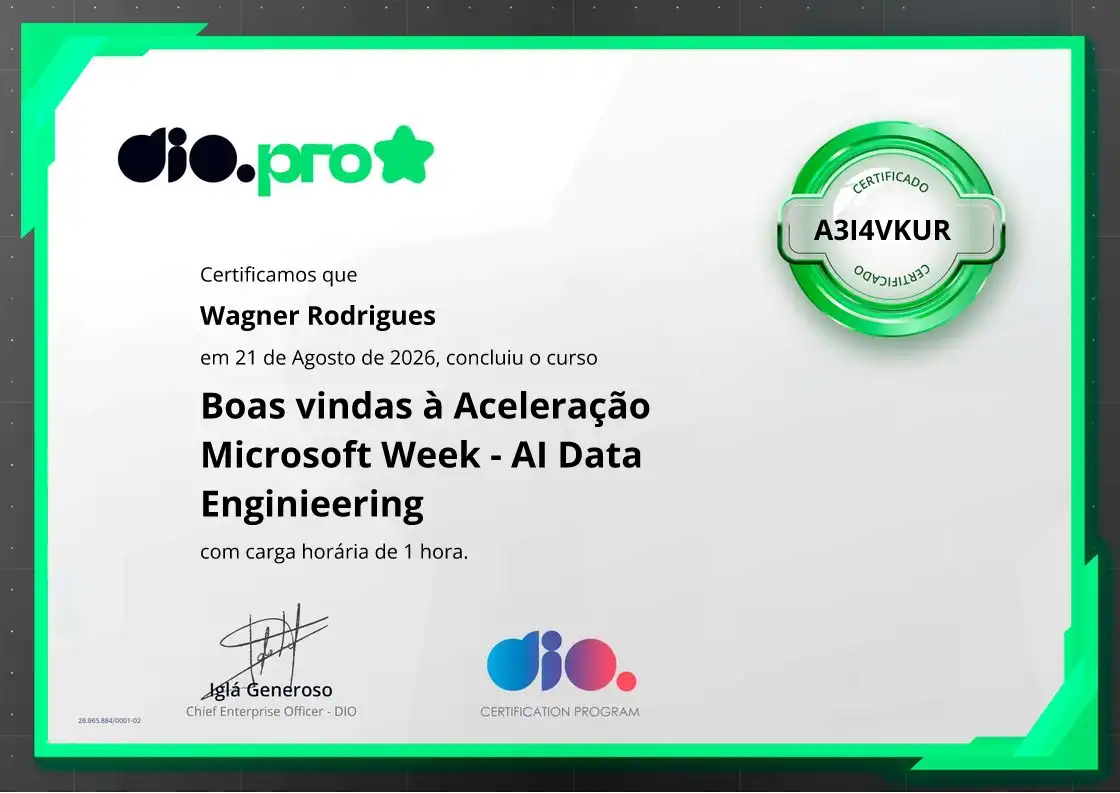 certificate of Boas vindas à Aceleração Microsoft Week - AI Data Enginieering