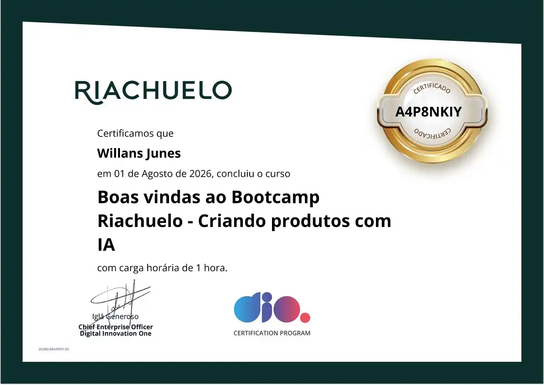 certificate of Boas vindas ao Bootcamp Riachuelo - Criando produtos com IA