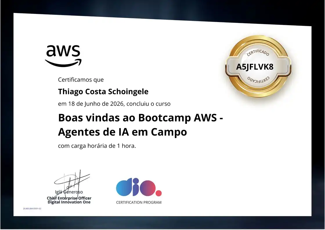 certificate of Boas vindas ao Bootcamp AWS - Agentes de IA em Campo