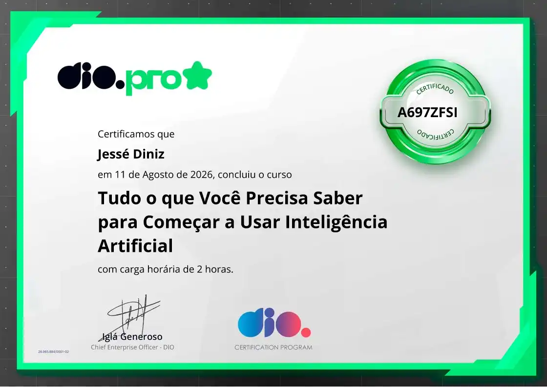 certificate of Tudo o que Você Precisa Saber para Começar a Usar Inteligência Artificial