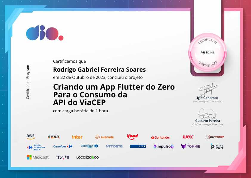 certificate of Criando um App Flutter do Zero Para o Consumo da API do ViaCEP