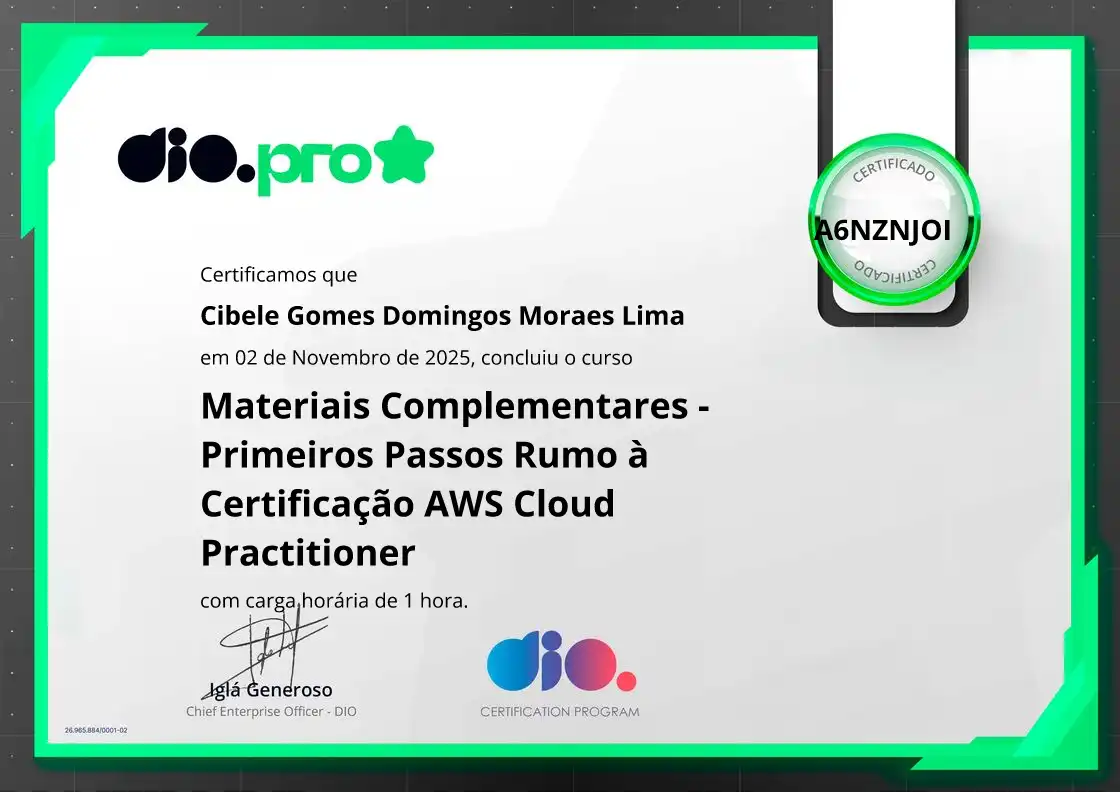 certificate of Materiais Complementares - Primeiros Passos Rumo à Certificação AWS Cloud Practitioner