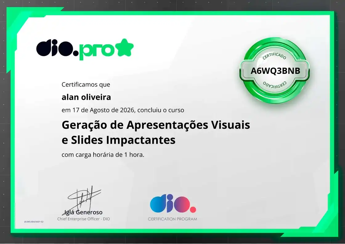 certificate of Geração de Apresentações Visuais e Slides Impactantes