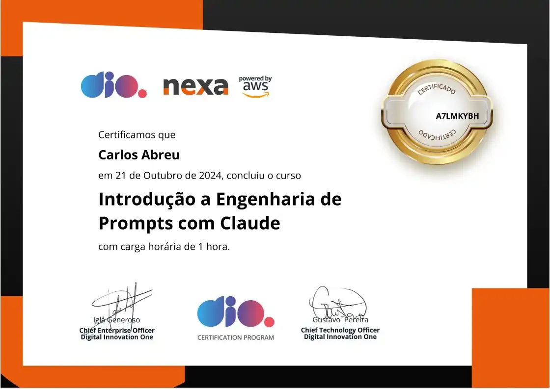 certificate of Introdução a Engenharia de Prompts com Claude