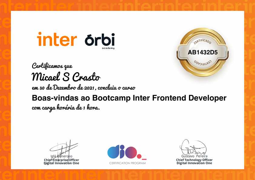 certificate of Boas-vindas ao Bootcamp Inter Frontend Developer