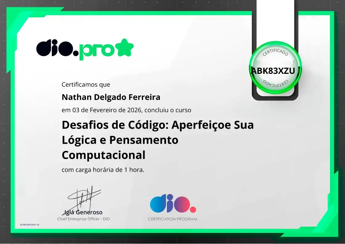 certificate of Desafios de Código: Aperfeiçoe Sua Lógica e Pensamento Computacional
