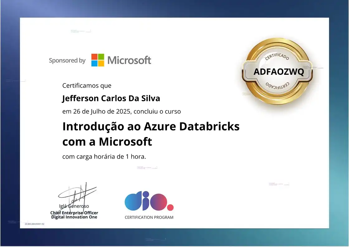 certificate of Introdução ao Azure Databricks com a Microsoft