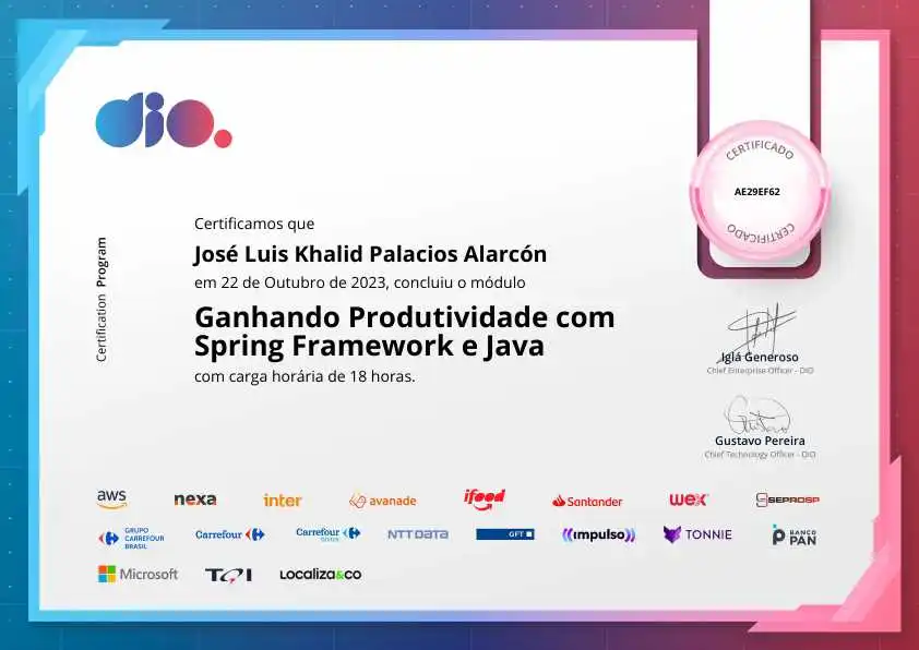 certificate of Ganhando Produtividade com Spring Framework e Java