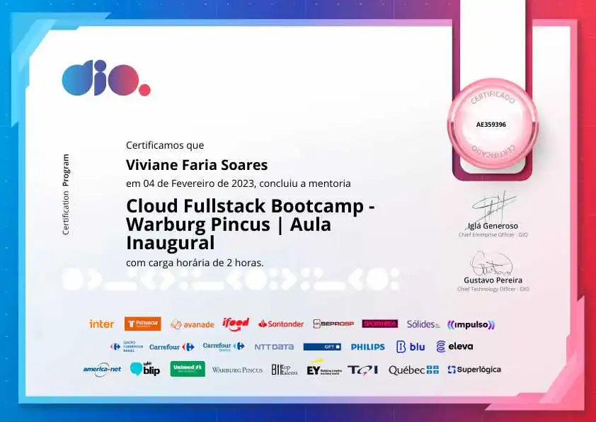 certificate of Cloud Fullstack Bootcamp - Warburg Pincus | Aula Inaugural