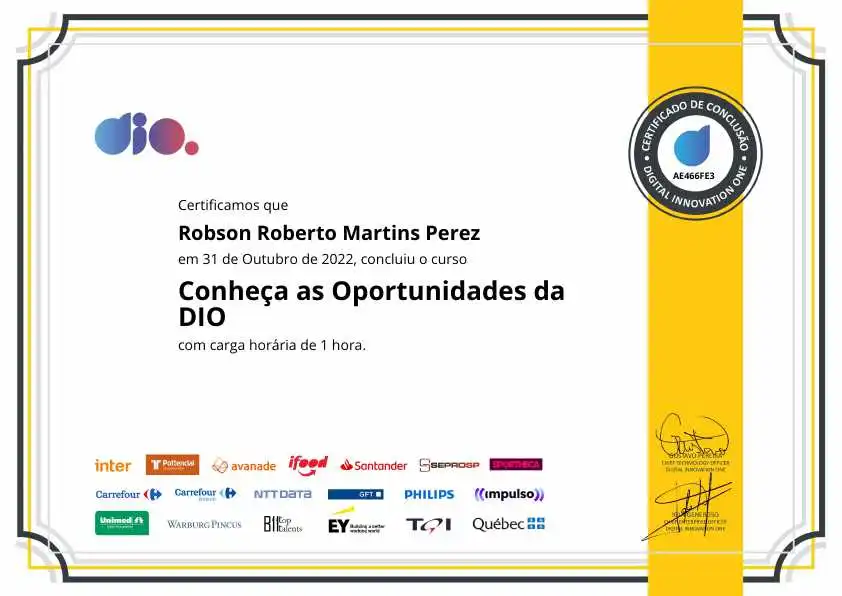 certificate of Conheça as Oportunidades da DIO