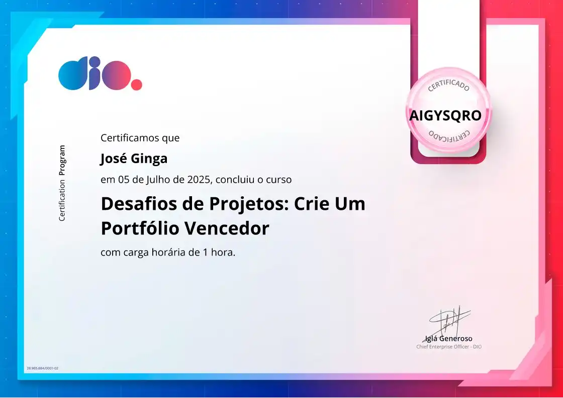 certificate of Desafios de Projetos: Crie Um Portfólio Vencedor