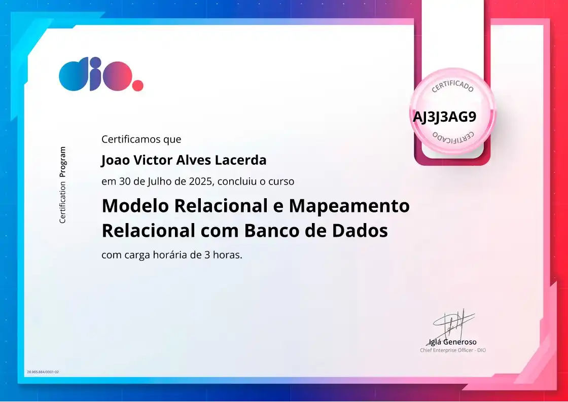 certificate of Modelo Relacional e Mapeamento Relacional com Banco de Dados