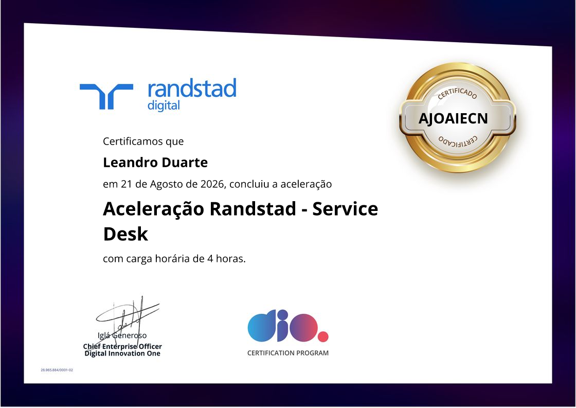 certificate of Aceleração Randstad - Service Desk