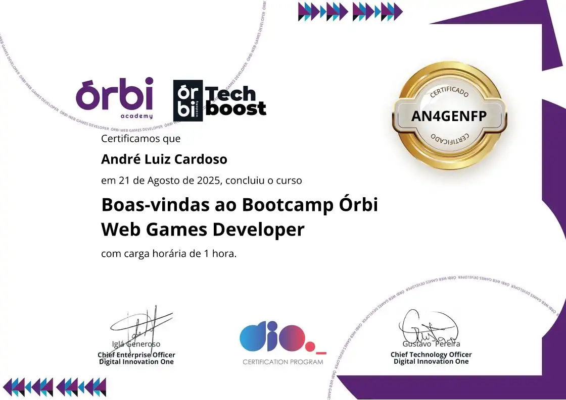 certificate of Boas-vindas ao Bootcamp Órbi Web Games Developer