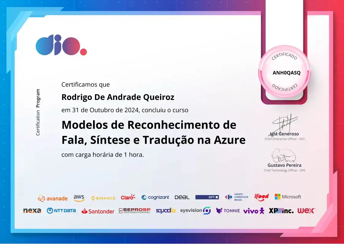 certificate of Modelos de Reconhecimento de Fala, Síntese e Tradução na Azure