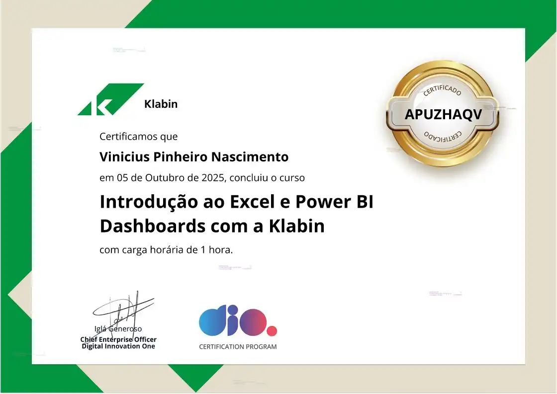 certificate of Introdução ao Excel e Power BI Dashboards com a Klabin