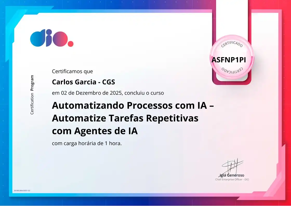 certificate of Automatizando Processos com IA – Automatize Tarefas Repetitivas com Agentes de IA