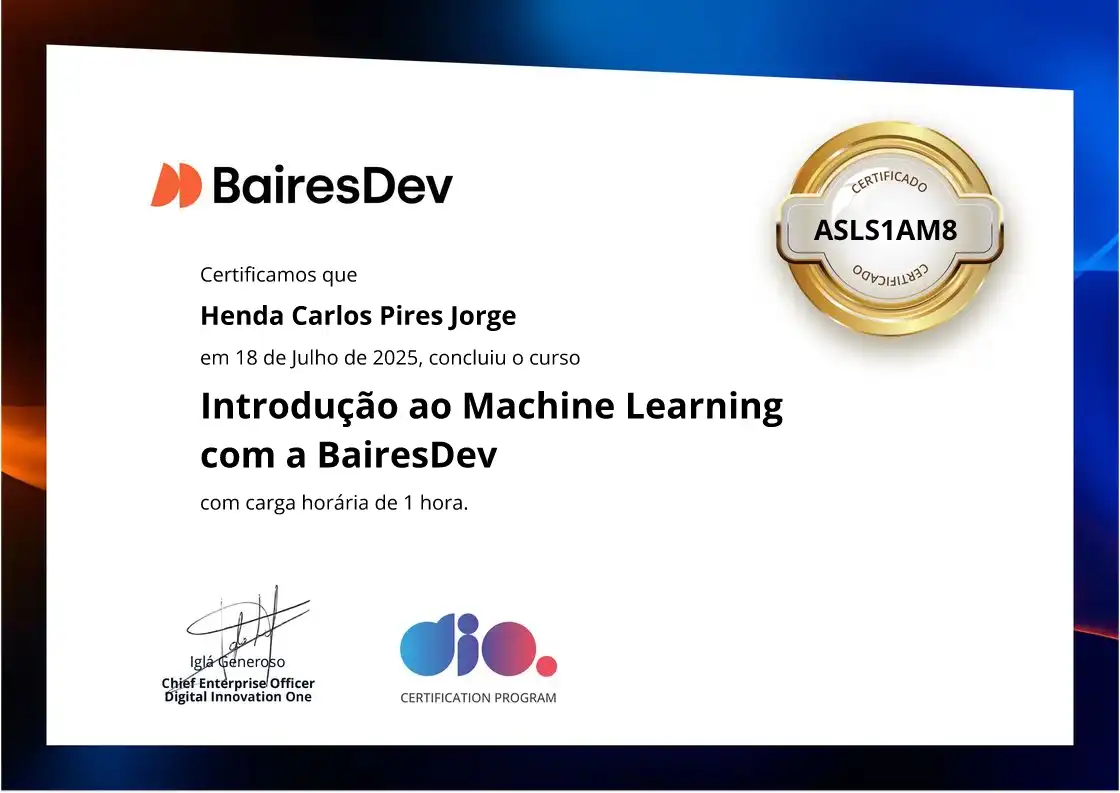 certificate of Introdução ao Machine Learning com a BairesDev