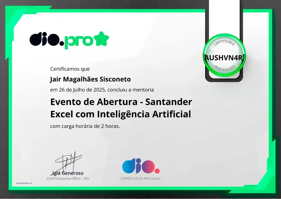 certificate of Evento de Abertura - Santander Excel com Inteligência Artificial