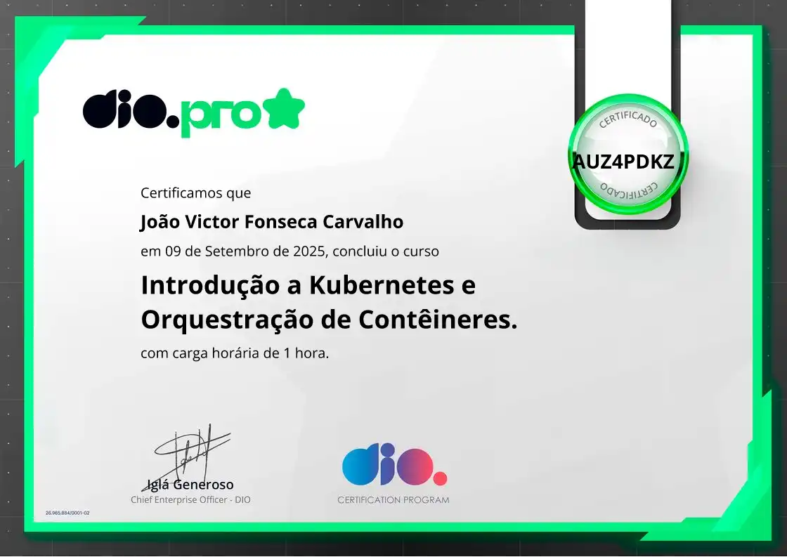 certificate of Introdução a Kubernetes e Orquestração de Contêineres.