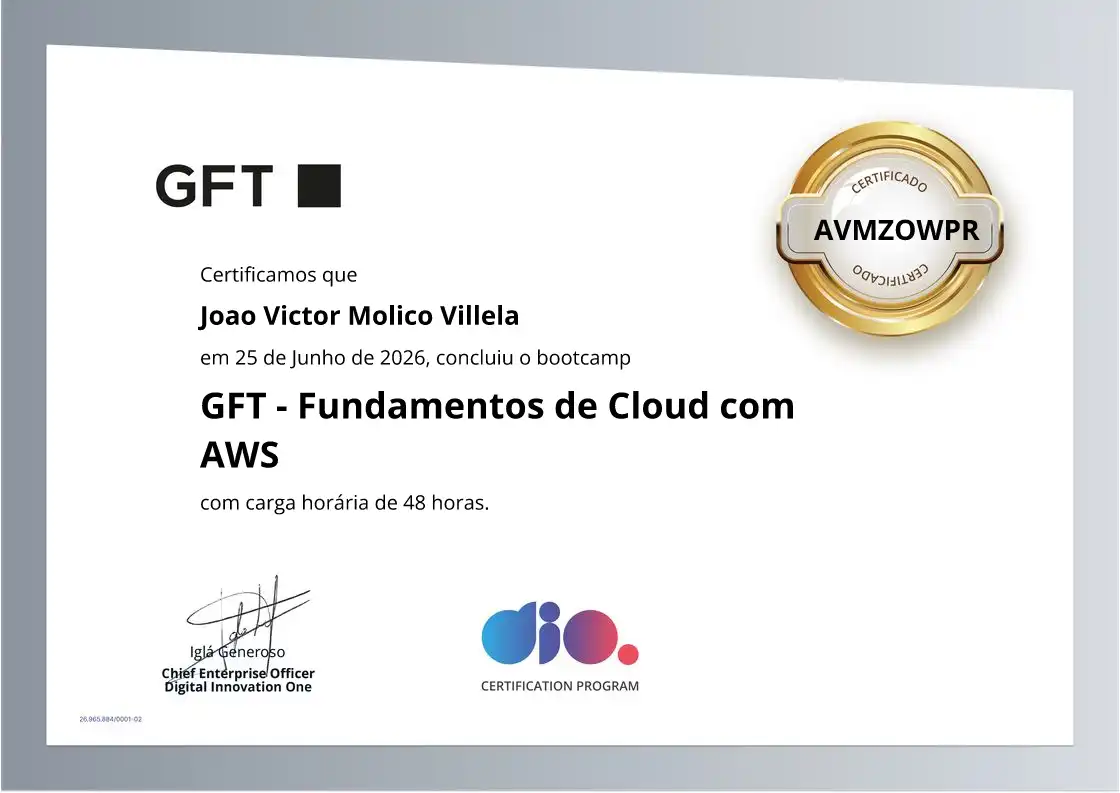 certificate of GFT - Fundamentos de Cloud com AWS