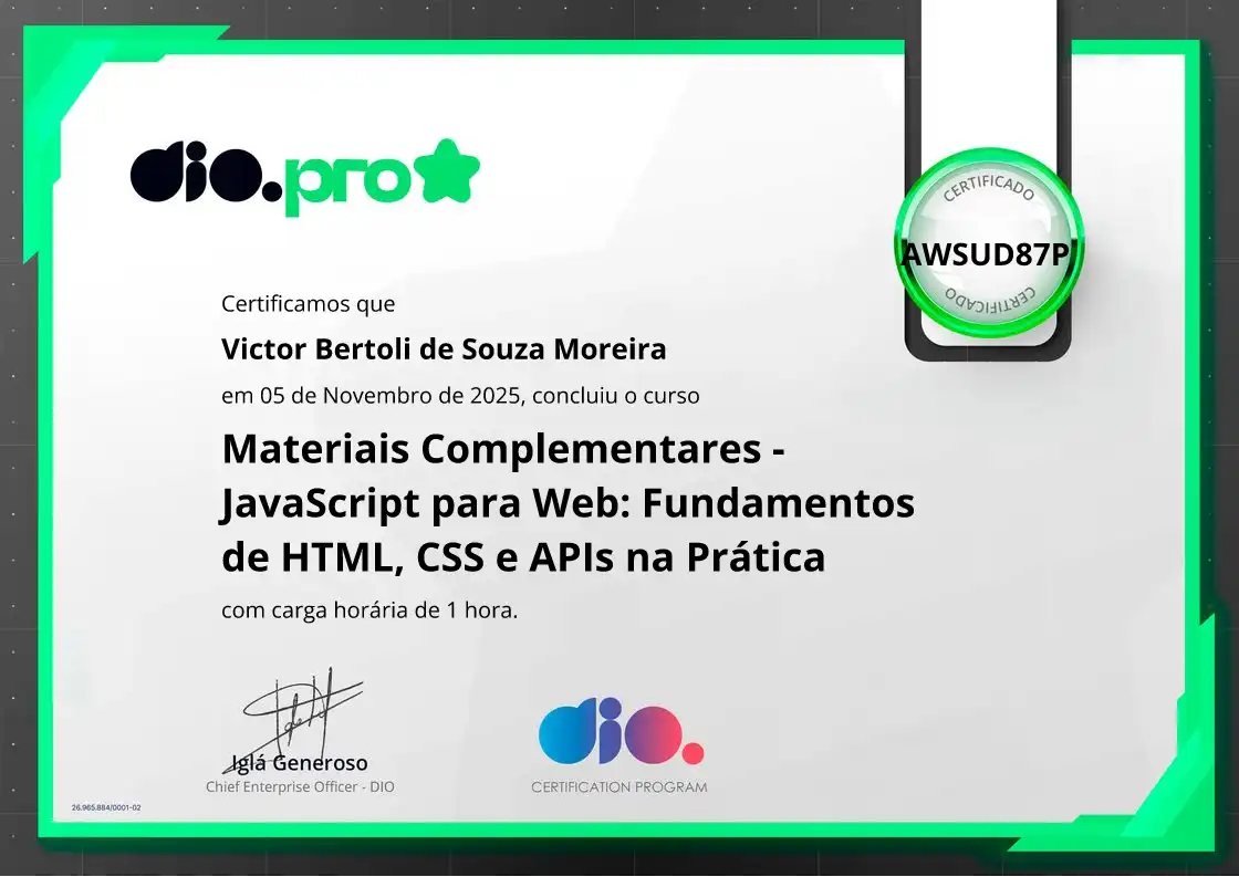 certificate of Materiais Complementares - JavaScript para Web: Fundamentos de HTML, CSS e APIs na Prática