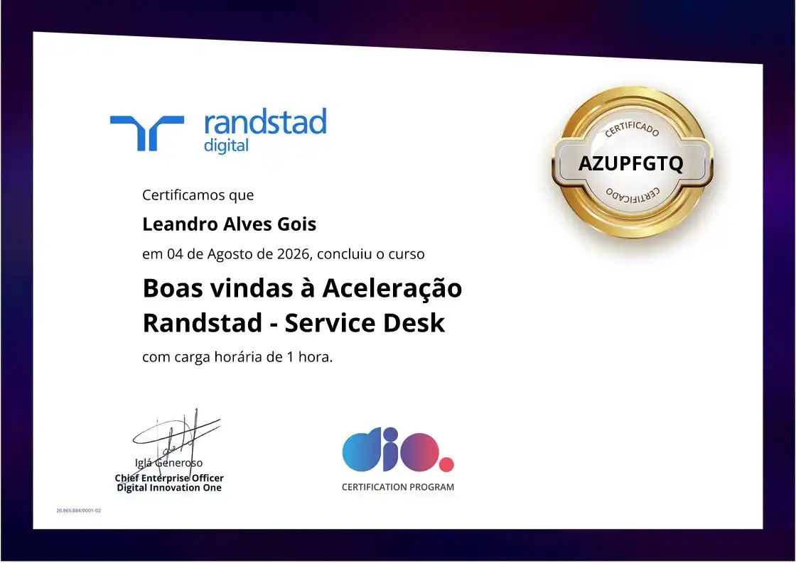 certificate of Boas vindas à Aceleração Randstad - Service Desk
