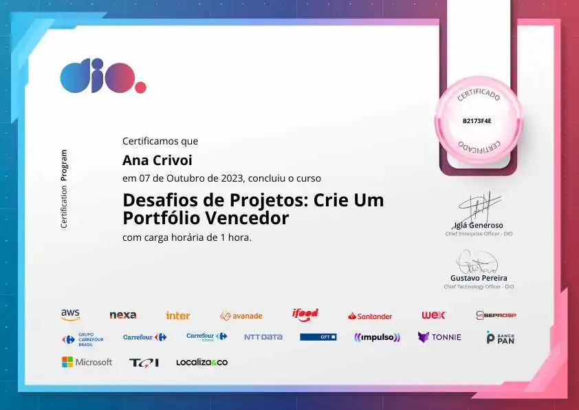 certificate of Desafios de Projetos: Crie Um Portfólio Vencedor