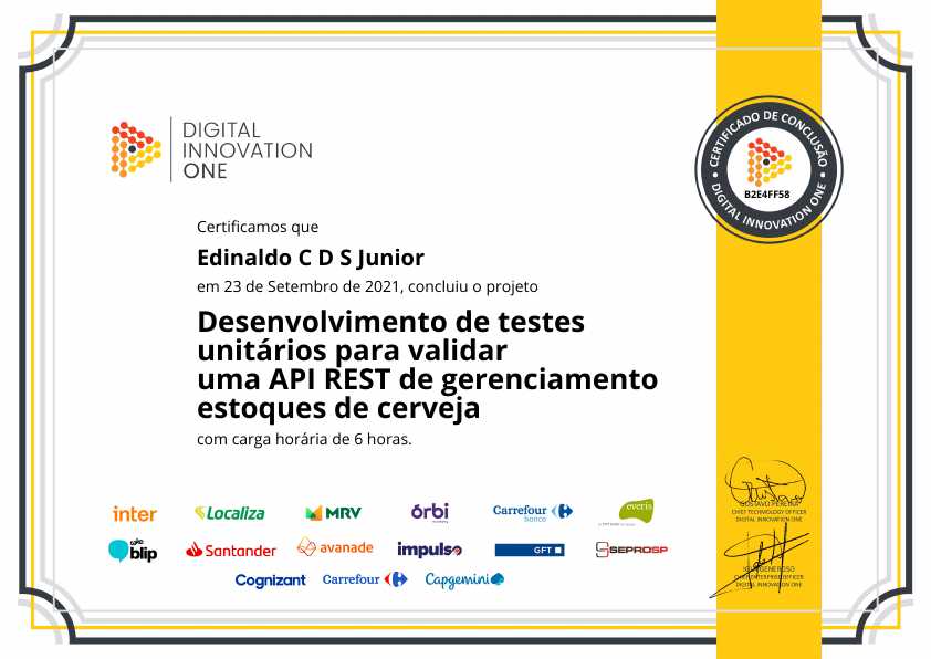 certificate of Desenvolvimento de Testes Unitários para Validar uma API REST de Gerenciamento Estoques de Cerveja