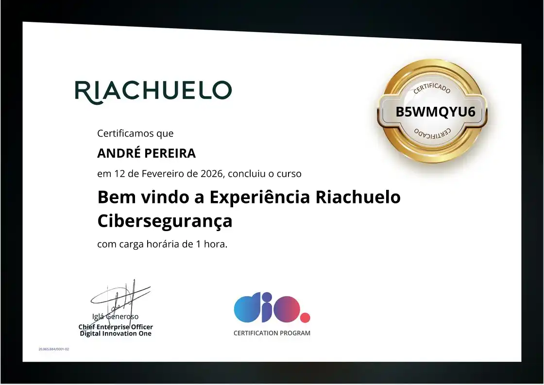 certificate of Bem vindo a Experiência Riachuelo Cibersegurança