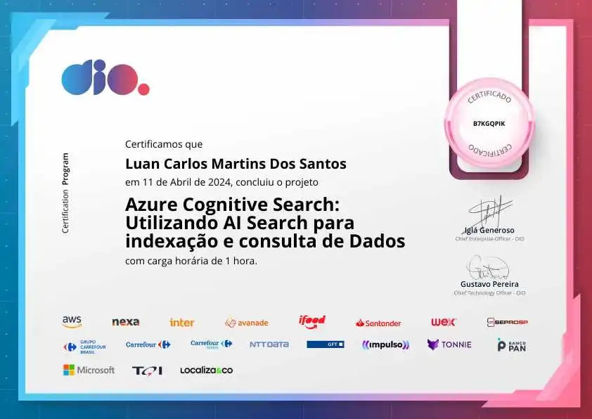 certificate of Azure Cognitive Search: Utilizando AI Search para indexação e consulta de Dados