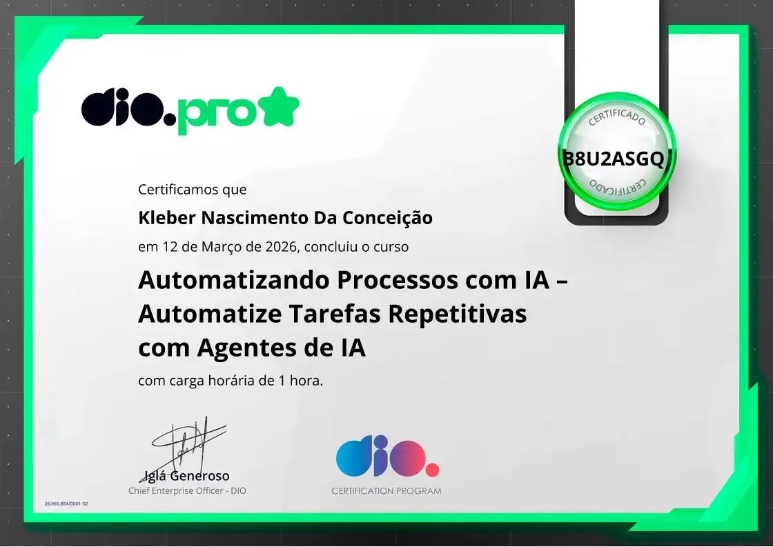 certificate of Automatizando Processos com IA – Automatize Tarefas Repetitivas com Agentes de IA