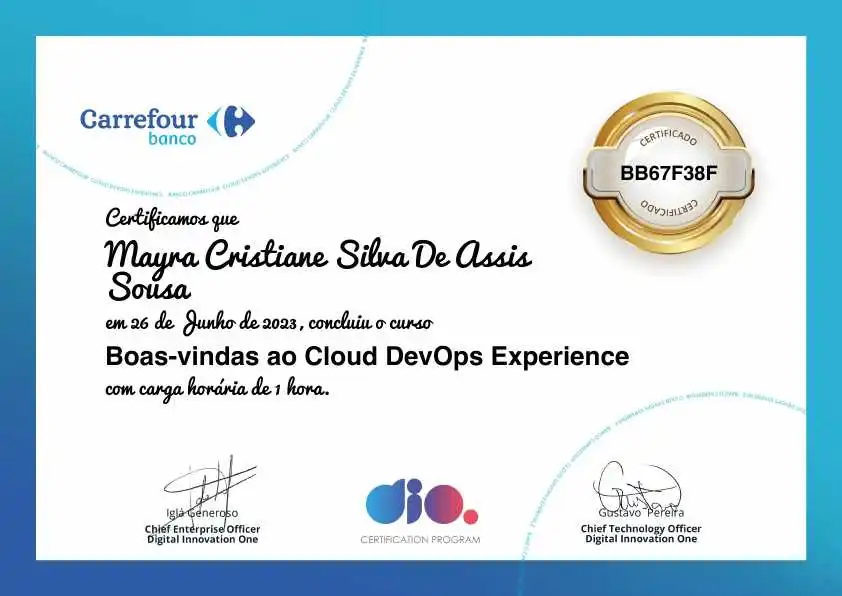 certificate of Boas-vindas ao Cloud DevOps Experience