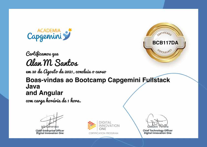 certificate of Boas-vindas ao Bootcamp Capgemini Fullstack Java and Angular