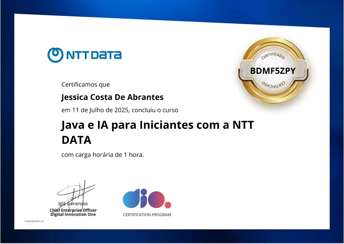 certificate of Java e IA para Iniciantes com a NTT DATA