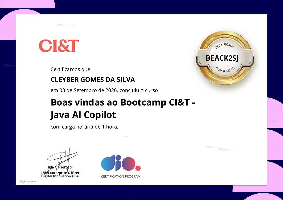 certificate of Boas vindas ao Bootcamp CI&T - Java AI Copilot