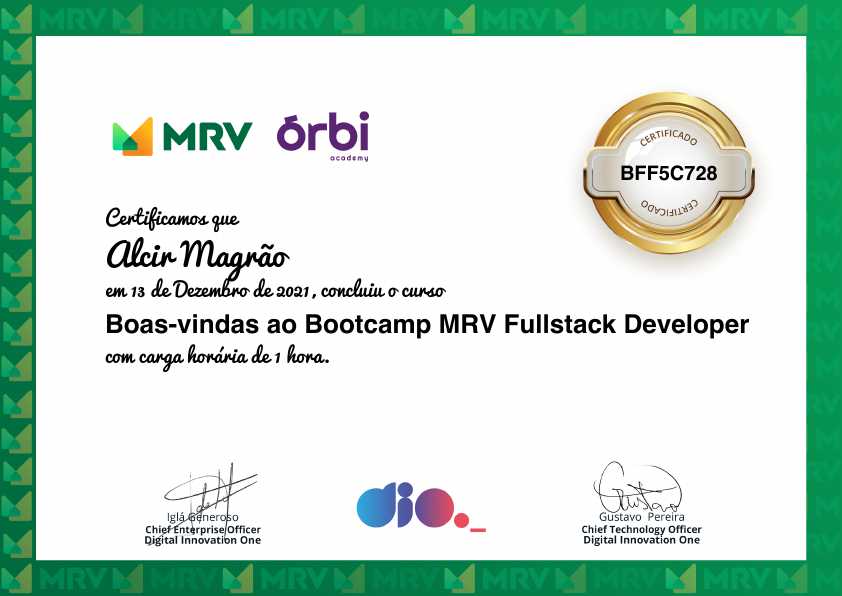 certificate of Boas-vindas ao Bootcamp MRV Fullstack Developer