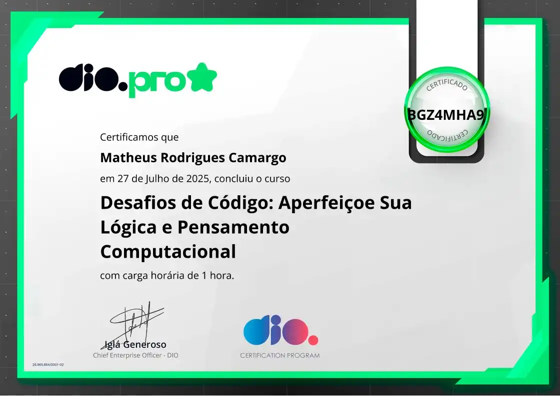 certificate of Desafios de Código: Aperfeiçoe Sua Lógica e Pensamento Computacional