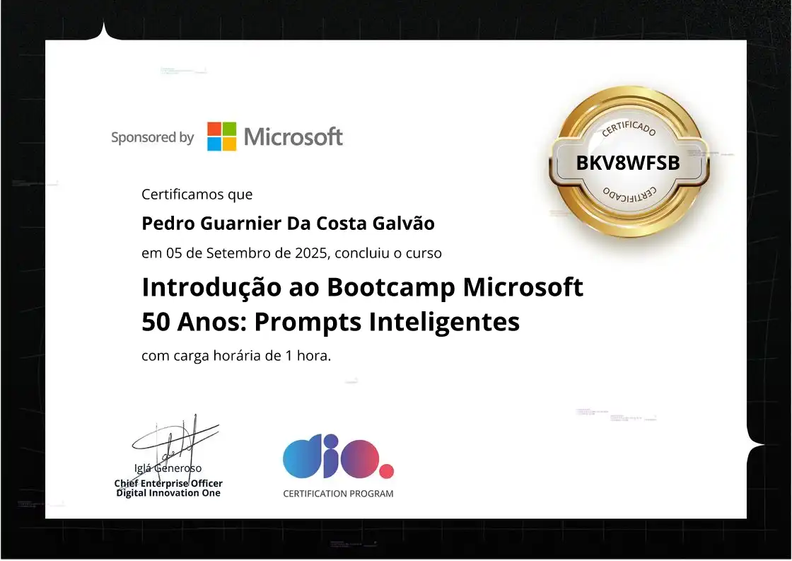 certificate of Introdução ao Bootcamp Microsoft 50 Anos: Prompts Inteligentes