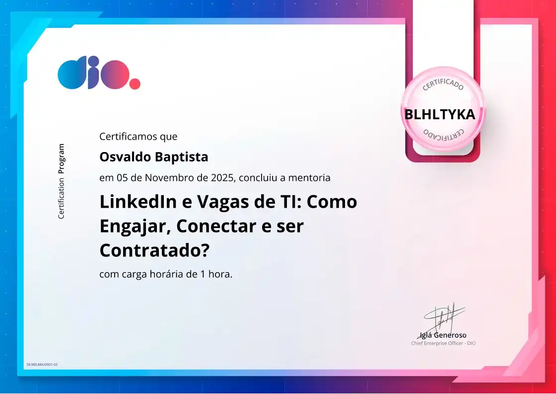 certificate of LinkedIn e Vagas de TI: Como Engajar, Conectar e ser Contratado?