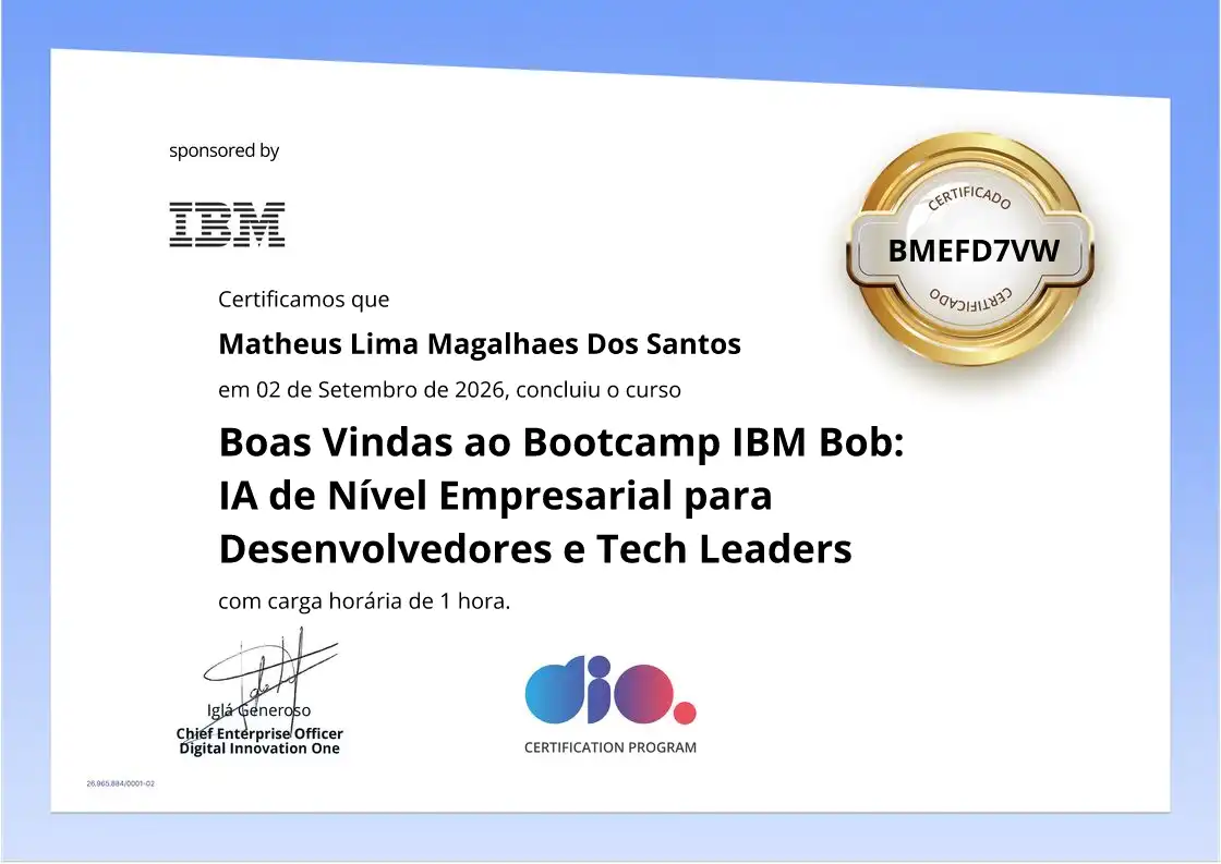 certificate of Boas Vindas ao Bootcamp IBM Bob: IA de Nível Empresarial para Desenvolvedores e Tech Leaders