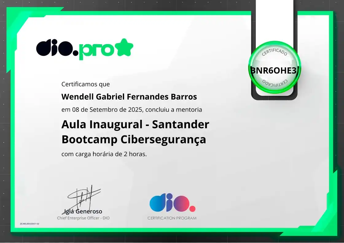 certificate of Aula Inaugural - Santander Bootcamp Cibersegurança