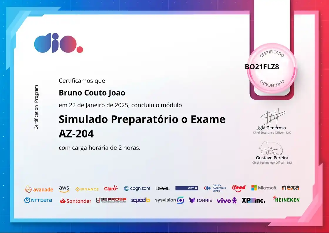 certificate of Simulado Preparatório o Exame AZ-204