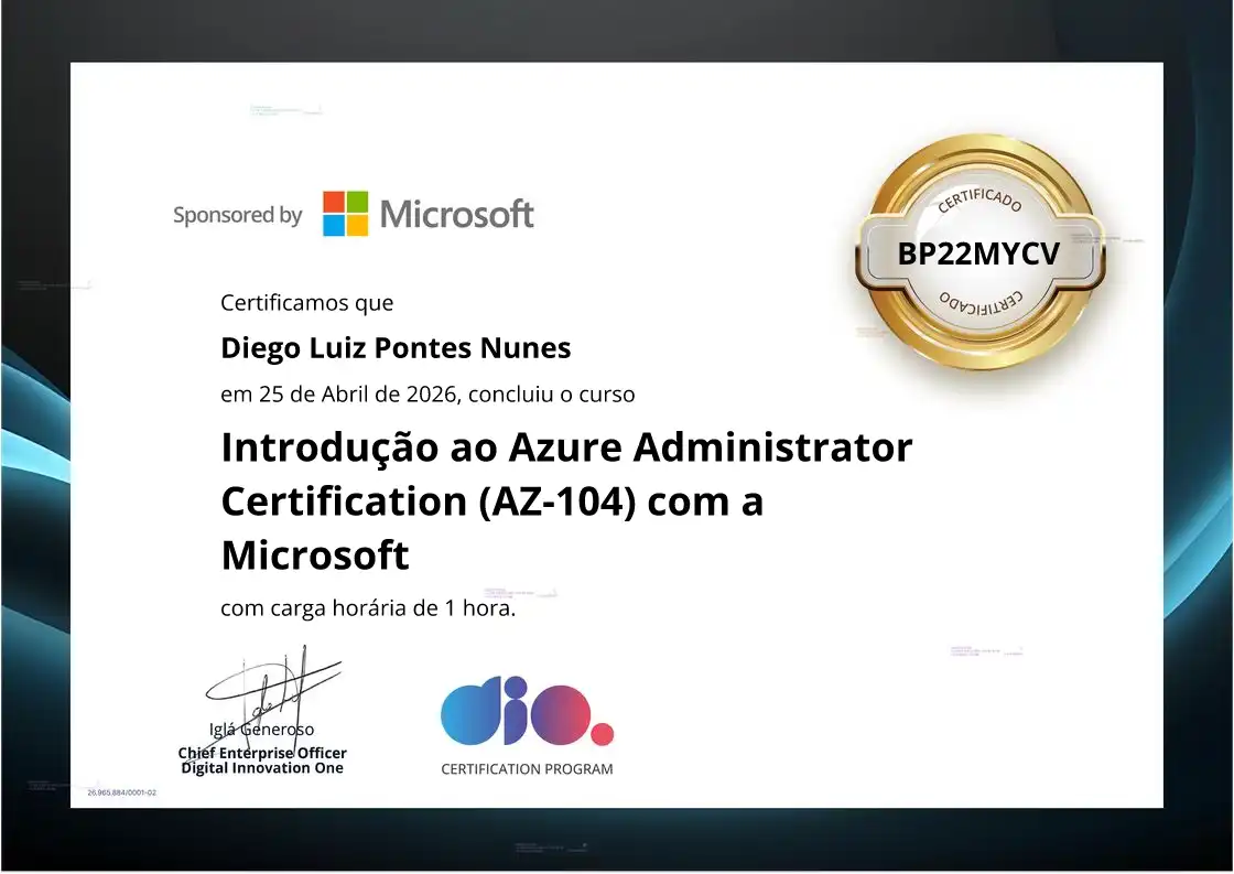 certificate of Introdução ao Azure Administrator Certification (AZ-104) com a Microsoft