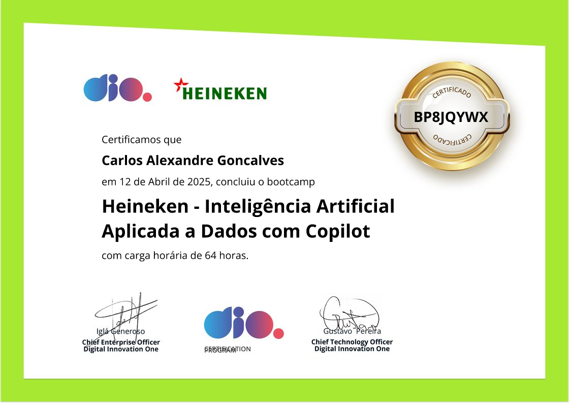 certificate of Heineken - Inteligência Artificial Aplicada a Dados com Copilot