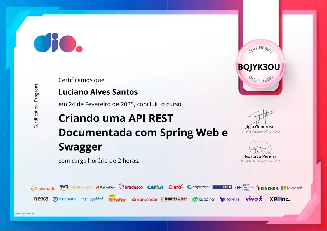 certificate of Criando uma API REST Documentada com Spring Web e Swagger